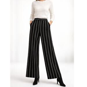 ESCADA SZ 12 Tarissa Black Pinstripe Cotton Wool Power Trousers Wide Leg Pockets
